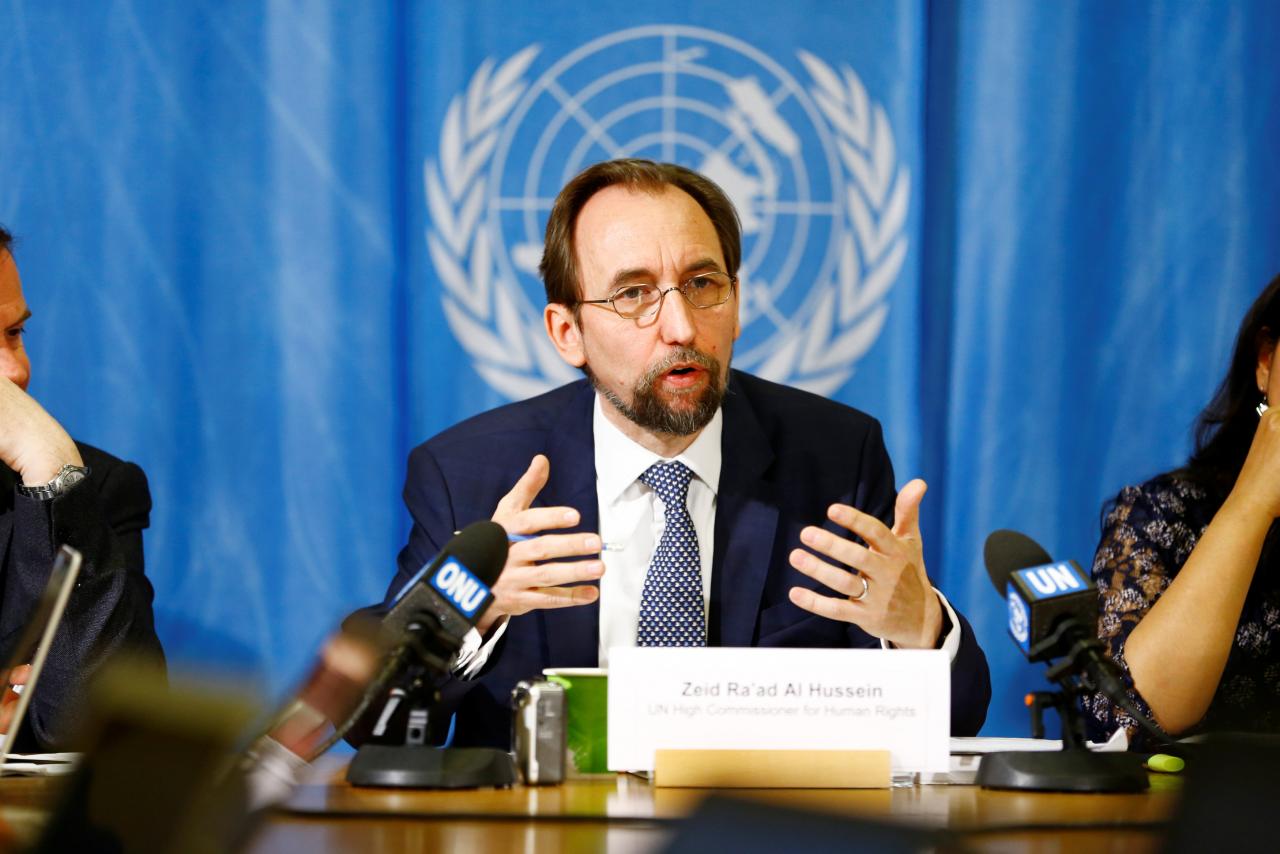 UN High Commissioner for Human Rights Zeid Ra'ad al-Hussein of Jordan speaks during a news conference in Geneva